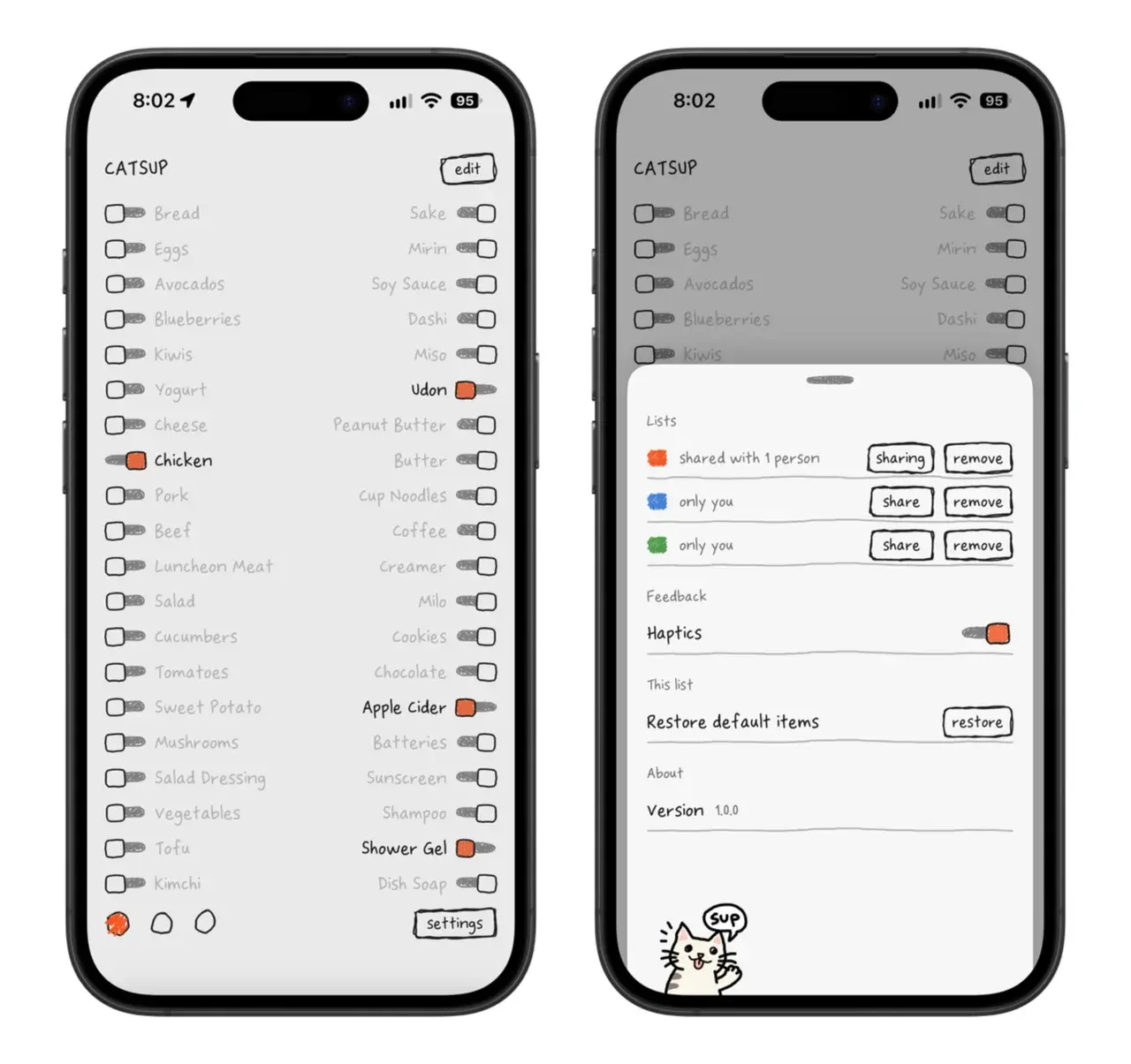 Two hand-drawn-style iPhone screenshots of Catsup. Left: a two-column grocery list where each item has a slider knob. Most are greyed out. And Chicken, Udon, Apple Cider, and Shower Gel are slid on in orange. Right: the settings sheet with three color-coded lists, sharing options, a Haptics toggle, a restore-defaults button, and a doodled cat saying “sup.” Two hand-drawn-style iPhone screenshots of Catsup. Left: a two-column grocery list where each item has a slider knob. Most are greyed out. And Chicken, Udon, Apple Cider, and Shower Gel are slid on in orange. Right: the settings sheet with three color-coded lists, sharing options, a Haptics toggle, a restore-defaults button, and a doodled cat saying “sup.”